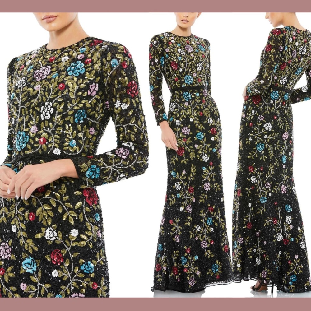 Mac Duggal Floral Embroidered Long Sleeve Dress
